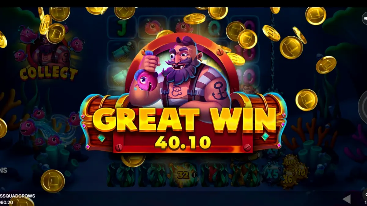 Pemandangan bawah laut dalam slot Fishin’ Madness Quadgrows dengan simbol ikan dan ranjau laut.