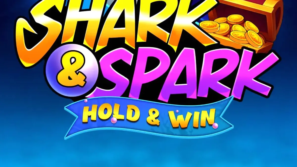 Tampilan visual ceria dari slot Shark & Spark Hold & Win dengan karakter hiu kartun.