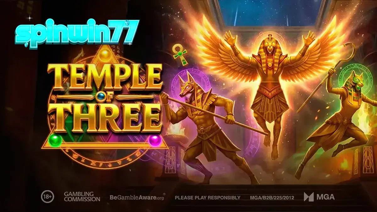 Tampilan visual slot Temple of Three dengan latar belakang kuil Mesir kuno.